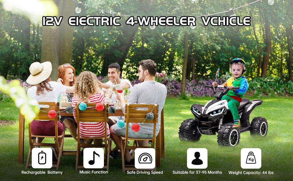 【GARVEE】12V Quad ATV 4 Wheeler with Music and LED Lights, available in White, Red, Pink, Yellow, Black, and Blue, designed for young riders with fun features and vibrant color options 【GARVEE】12V Quad ATV 4 Wheeler with Music and LED Lights, available in White, Red, Pink, Yellow, Black, and Blue, designed for young riders with fun features and vibrant color options