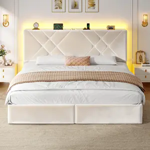 【2 Storage Drawers】King/Queen Size Bed Frame with 45''H Adjustable Velvet Headboard,900Lbs Overload Capacity,Sturdy & Stable Structure,Central Support,Upholstered Platform LED Bed Frame with USB Outlet,No Mattress,No Noise,Help you fall into a deep Sleep