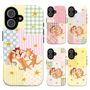 Whimsical Cat Phone Case – Coquette Patchwork Phone Cover for iPhone & Galaxy, Kawaii Dancing Cats, Cute Ginger Cat Art, Pastel Gingham & Plaid Design, Polka Dot Pattern, Cottagecore Gift for Cat Lovers