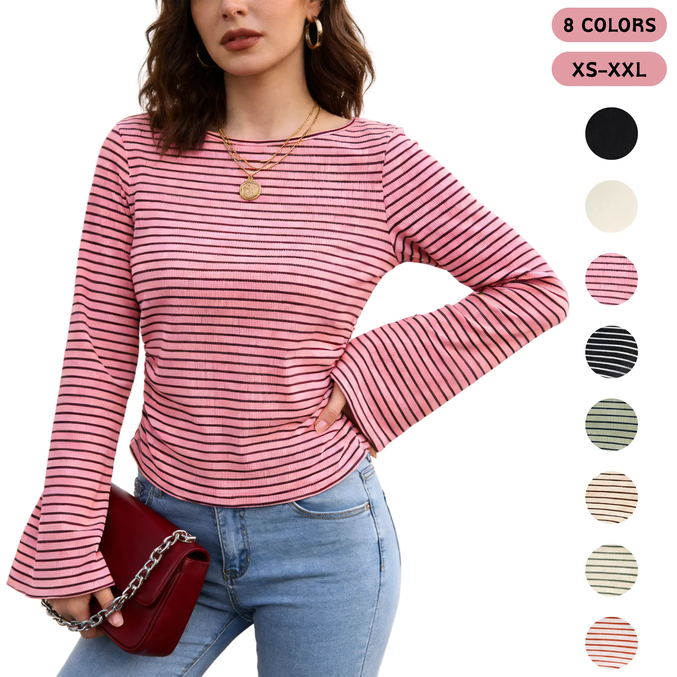 SCUSTY Women's Striped Long Sleeve Crop Top, 2026 Autumn Y2K Going Out Shirt, Boat Neck Bell Sleeve Ruched Ribbed Stripe Blouse, 95% Cotton 5% Spandex High Stretch Casual Clothes