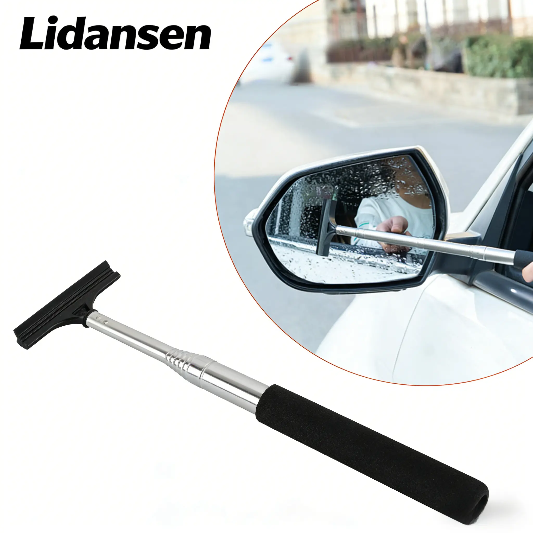 Car Rearview Mirror Wiper, Retractable Car Side Mirror Squeegee with Long Handle, Portable Mini Window Squeegee, Universal Glass Water Wiper Cleaning Tool for Rainy Foggy Weather (Black)