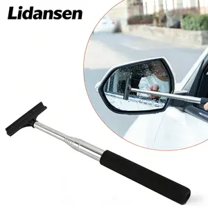 Car Rearview Mirror Wiper, Retractable Car Side Mirror Squeegee with Long Handle, Portable Mini Window Squeegee, Universal Glass Water Wiper Cleaning Tool for Rainy Foggy Weather (Black)