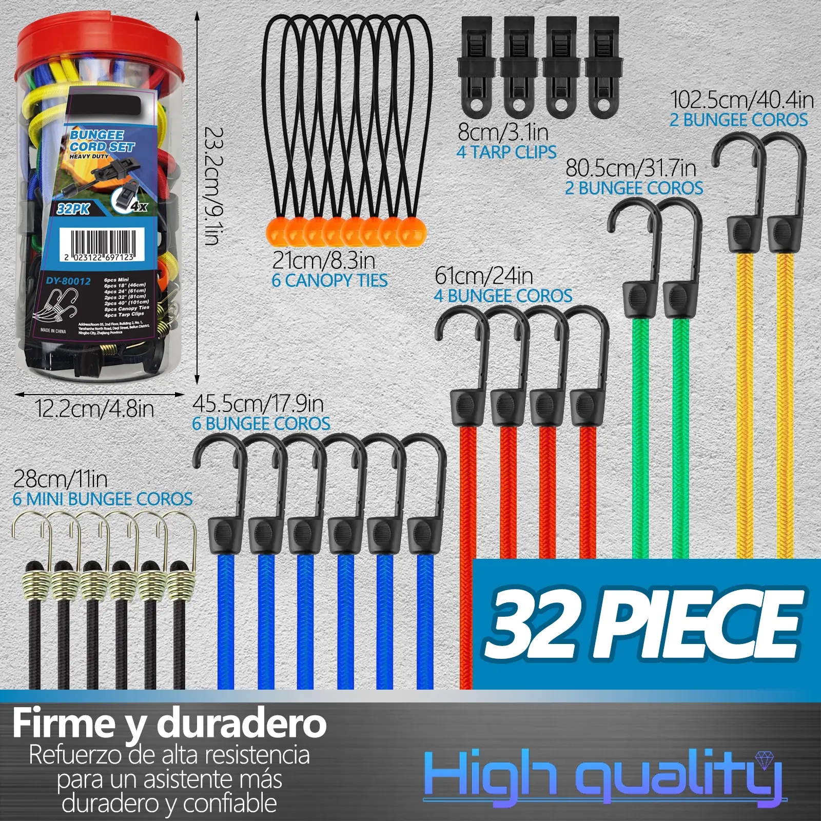 38-Piece Premium Bungee Cords Set DY-80022 - 18in,20in,32in,40in Heavy-Duty Outdoor Rubber Elastic Ropes, 4 Canopy Clips, 10 Zip Ties, Mini Cords, Carabiner Hooks, Storage Bag