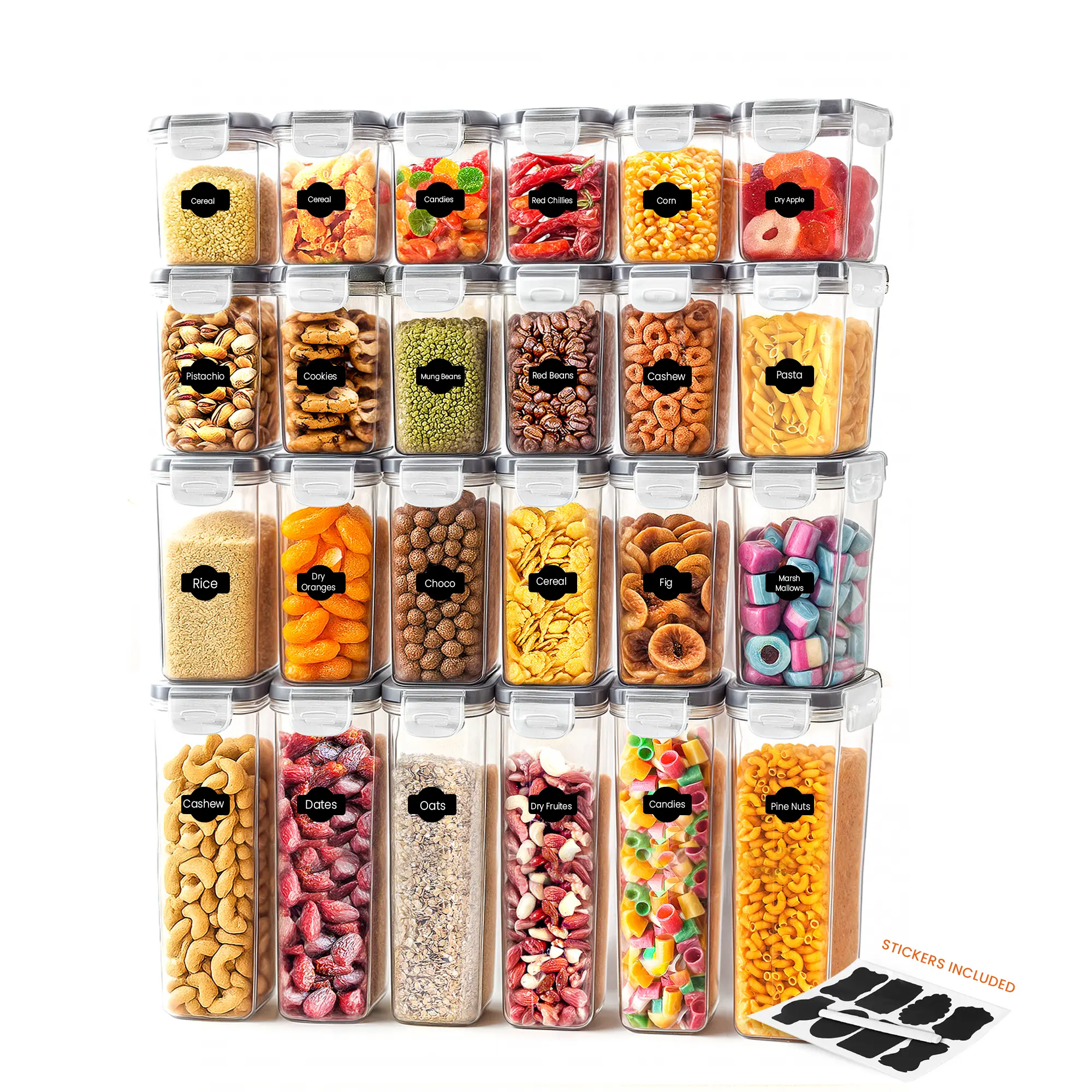 Kichly Airtight Food Storage Containers Set with Lids 24 Pack BPA-Free Plastic Pantry Organizers for Cereal Flour Sugar & Dry Food Clear Reusable