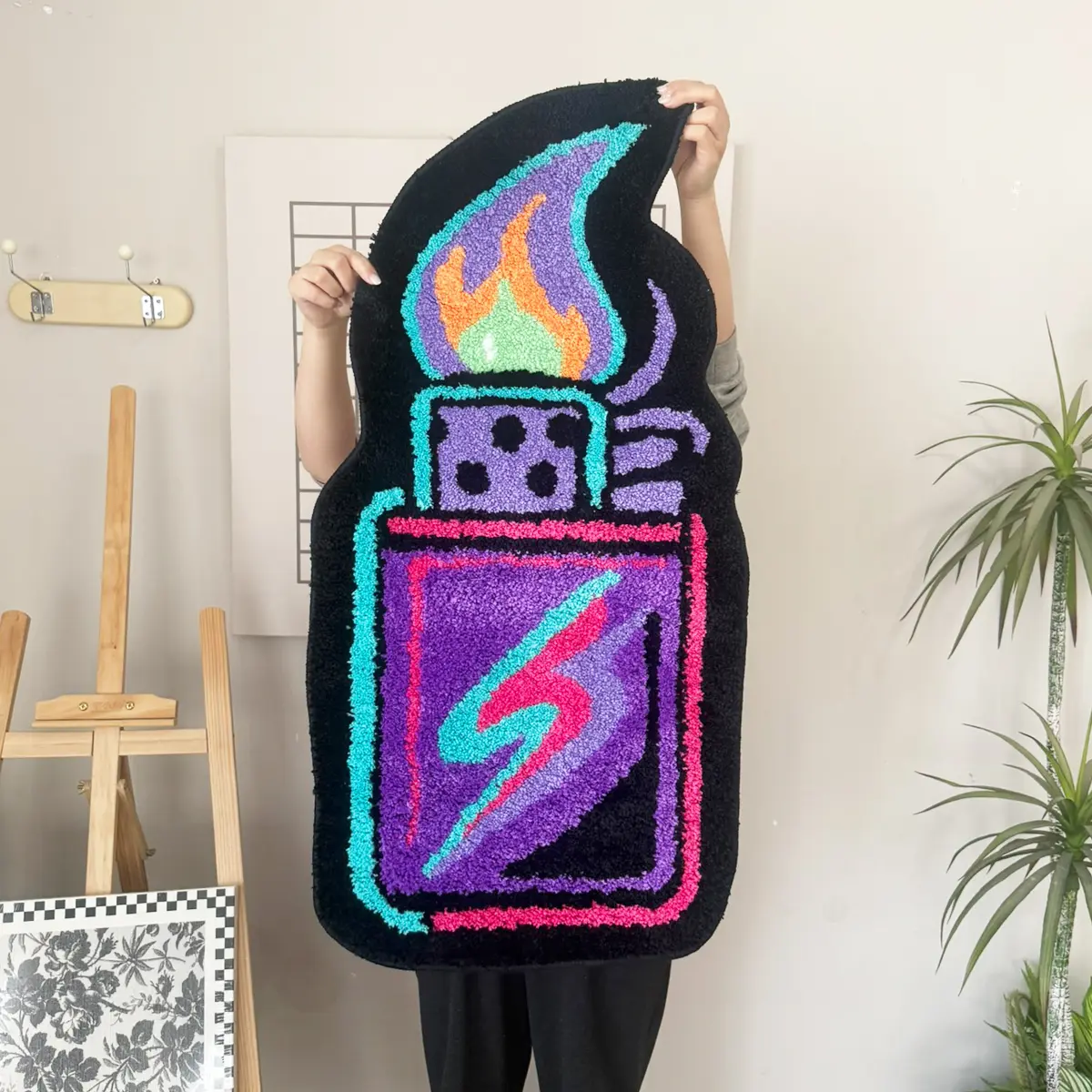 Neon Flame Lighter Shaped Tufted Rug, Colorful Graffiti Style Plush Cut Pile Carpet, Non-Slip Irregular Floor Mat for Teen Bedroom Game Room Dorm, Funky Aesthetic Home Decor for Hip Hop Lovers Geometric Pattern Rug Fluffy Area Rug