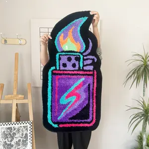 Neon Flame Lighter Shaped Tufted Rug, Colorful Graffiti Style Plush Cut Pile Carpet, Non-Slip Irregular Floor Mat for Teen Bedroom Game Room Dorm, Funky Aesthetic Home Decor for Hip Hop Lovers