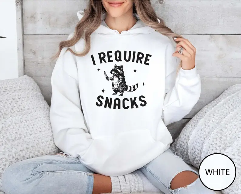 Funny Snacks‑Obsessed Raccoon Graphic Hoodie, Humorous Quote Pullover Hooded Sweatshirt, Food‑Lover Present, Gift For Friend & Girlfriend, Holiday Casual‑Wear