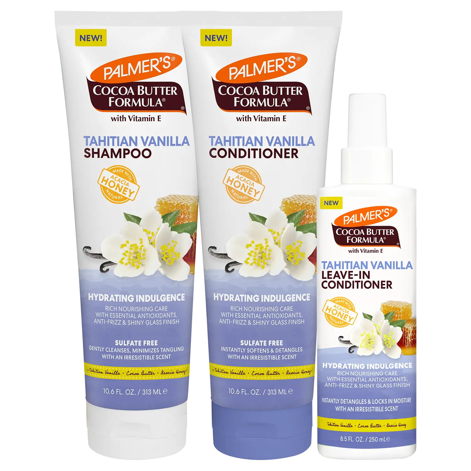 Palmer's Cocoa Butter Formula Tahitian Vanilla Daily Hair Care Bundle with Shampoo, Conditioner and Leave-In Conditioner for Hydrated & Healthy-Looking Hair