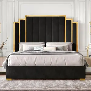 AMERLIFE Bed Frame with 65" Headboard, Upholstered Platform Bed with Golden Plating Trim, Modern Luxury Bed Frame, No Box Spring Needed/No Mattress/Queen/King//Unique Bedroom Furniture/Best Gift Ideas/Christmas Gifts