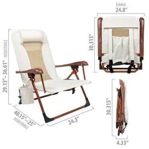 Low Profile Reclining Glamping Chair With Woodgrain Arms, Adjustable Outdoor Lounge Chair, Oversized Insulated Cup Holder & Storage Pouch
