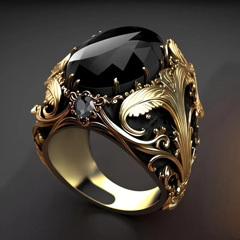 Vintage Men's Ring with Black Oval Artificial Gemstones, Copper Craft, Retro Gold Finish, Casual Daily Wear Ring, Perfect Gift for Men and Women Unique Rings Geometric Design Ring