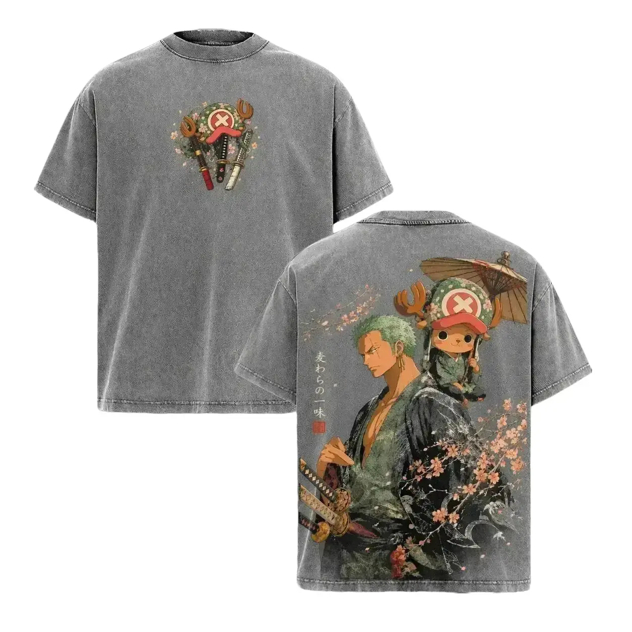 Men's Short-Sleeve Cotton Vintage Acid Wash Graphic Tee - Zoro & Chopper Wano Country Straw Hat Pirates Double-Sided Manga Otaku Gamer Gift Shirt,,gift shirt,funny meme tee,men's t shirts,short sleeve,cotton graphic tees