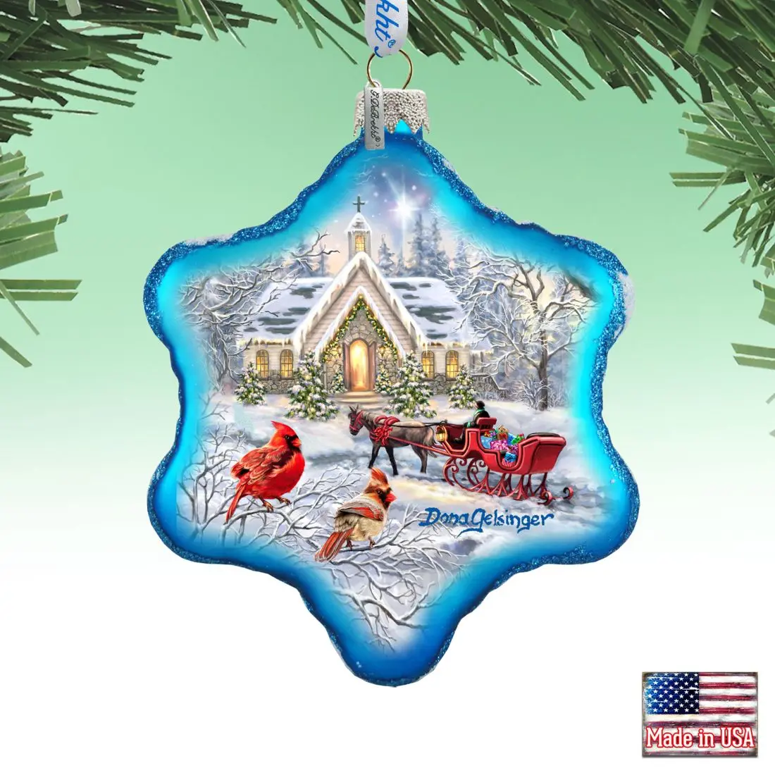 G.DeBrekht 754-104-DG Christmas Sleigh Ride Snowflake Hand-Blown Glass Ornaments, 4x3.5 in, Iridescent Finish, Festive Decor, Lined Satin Box