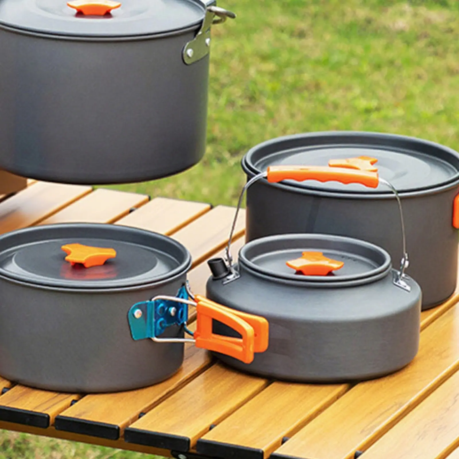 Camping Cookware Set for Outdoor Cooking, Lightweight Portable Pot Pan Kettle Kit, Non-Stick Camping Mess Kit with Folding Heat Resistant Handles, Backpacking Hiking Picnic Survival Gear, Compact Nesting Cooking Set for 1-2 People