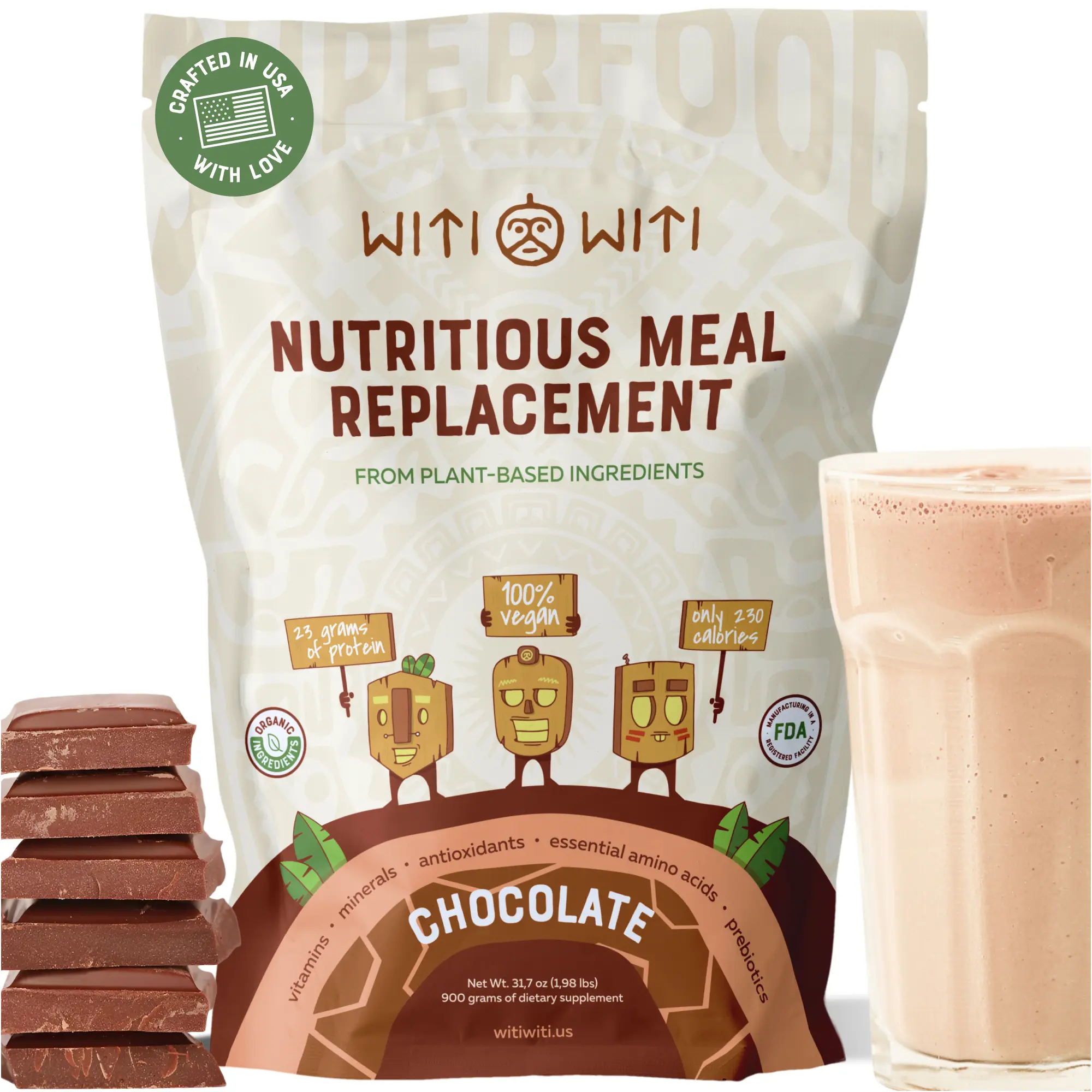 WitiWiti - Vegan Meal Replacement, Plant Based Protein Powder - Superfood, Greens, Prebiotics, Vitamins and Minerals - Dairy & Gluten Free, Low Sugar - All in One Shake for Women & Men, 15 Servings, Vitamin&Wellness Supplements Dietary Healthcare Edible