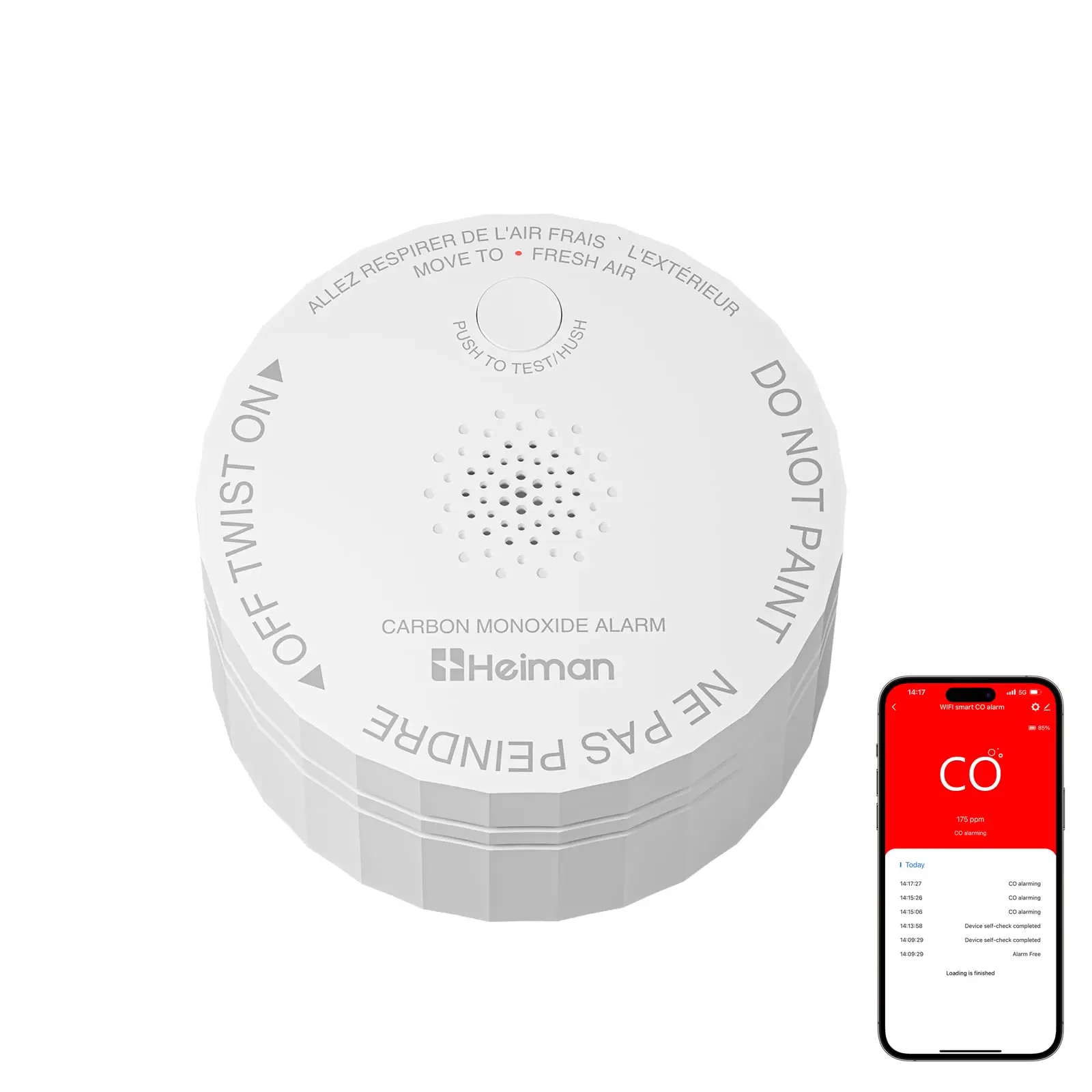 Heiman Smart Detectors For Home, WIFI Carbon Monoxide(CO) Detector, Instant Mobile Alerts, Compact Design for Home & Travel, 10-Year Sensor Life, ETL & UL Certified (1 Pack) Home Security System Wireless