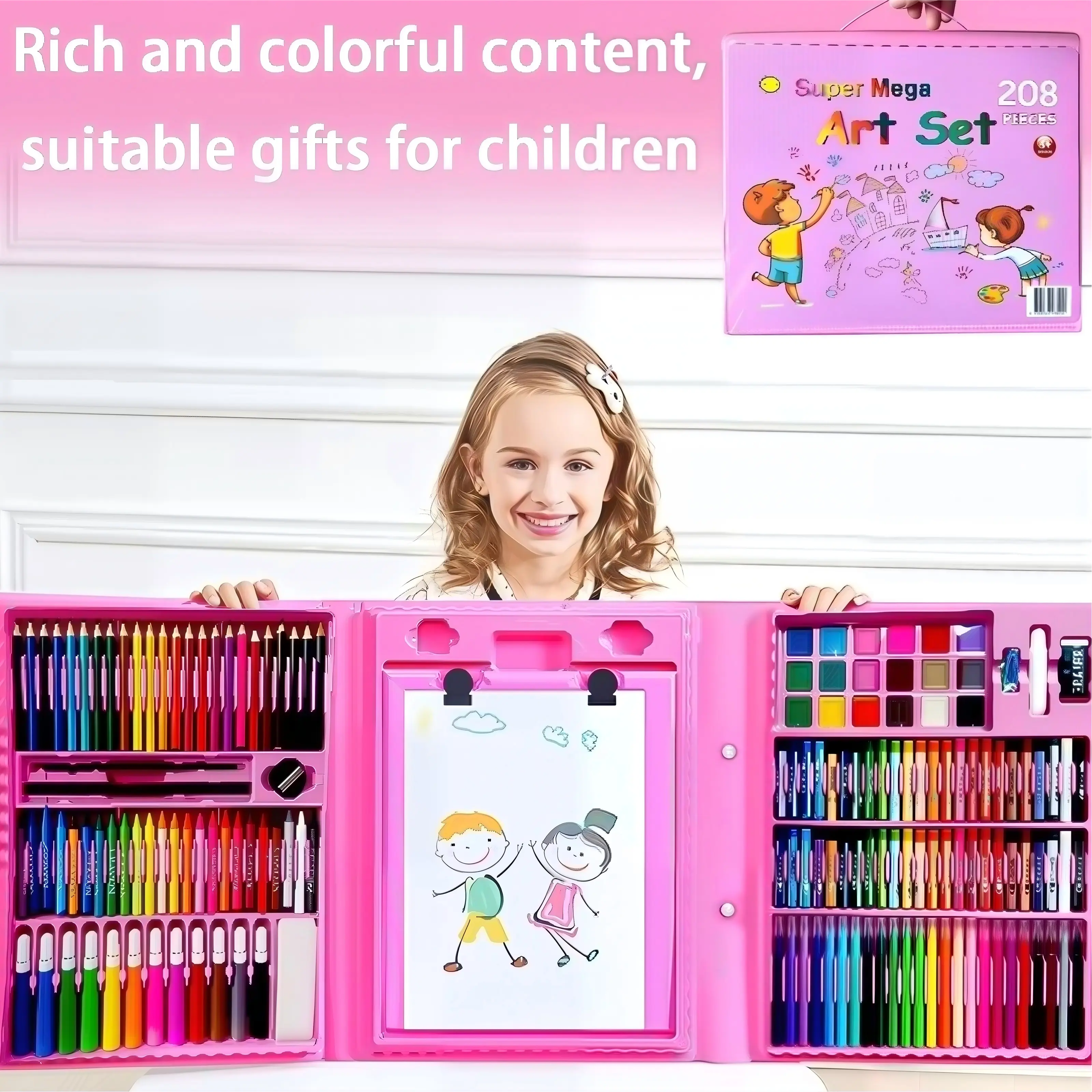 208 PCS Art Supplies, Drawing Art Kit for Kids, Art Set with Double Sided Trifold Easel, Oil Pastels, Crayons, Colored Pencils, Watercolor Pens Gift for Girls and Boys, Pink