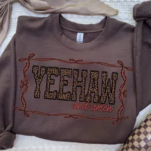 Yeehaw and Amen Sweatshirt, Trendy Leopard Western Shirt, Rodeo Shirt Shirt, Southern Style Sweater, Western Christian Quote, Cowboy Faith Country Shirt
