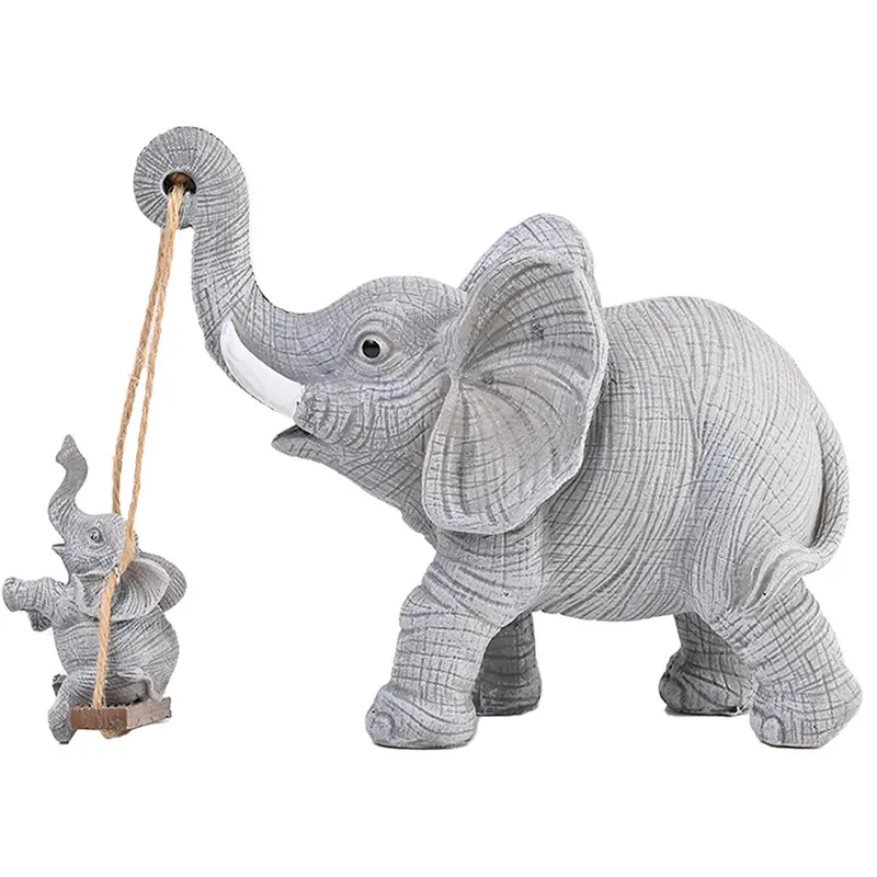 Decorative Statues 2-Piece Cute Swinging Elephant Resin Set, Mini Handmade Resin Figures, Home Desktop Art Ornament Display Stand, Gift Set