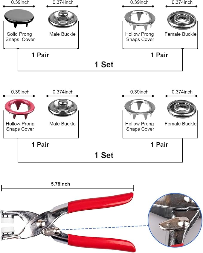 200 Sets Metal Snap Buttons with Fastener Pliers Press Tool Kit,Multicolor Mixing Hollow Sewing Snaps for Fabric,Prong Snap Button Kits for DIY Crafting Clothing Sewing (9.5mm / 800 PCS)