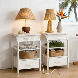 MUSEN Set of 2 Side Table with Charging Station, Bedside Nightstand with 3-Layer Storage Shelves, End Table for Living Room, Bedroom, Modern Table for Sofa