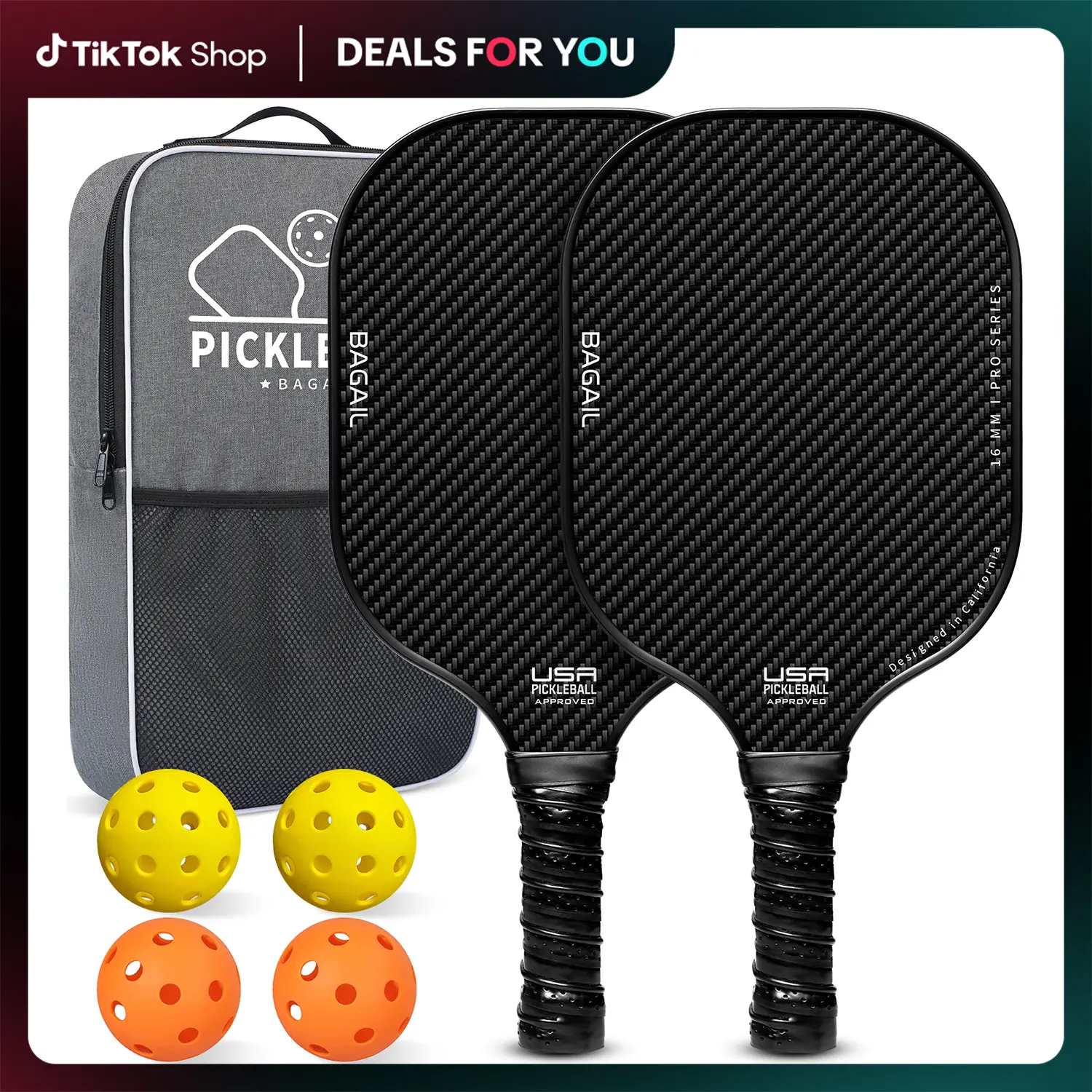 【BackToSchool】BAGAIL Pickleball Paddles, USAPA Approved Fiberglass Surface Pickleball Set, Lightweight Pickle Ball Rackets with 4 Balls, 1 Bag, Designed in California for Traction and Stability sport family tiktokshopbacktoschool