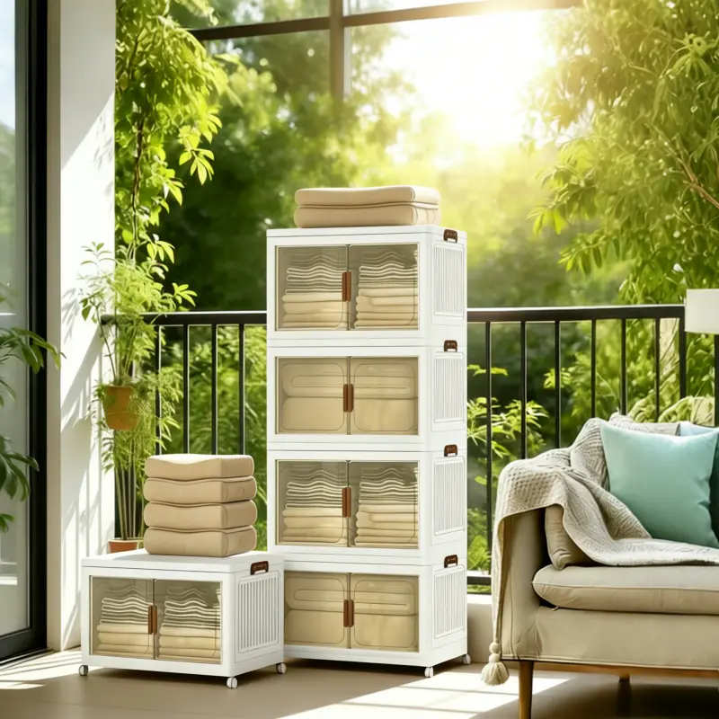 5-Tier Foldable Storage Cabinet with Wheels, Pre-Assembled Plastic Organizer Bins with Clear MagneticDouble Doors for Living Room, Kitchen, Pantry, Whit