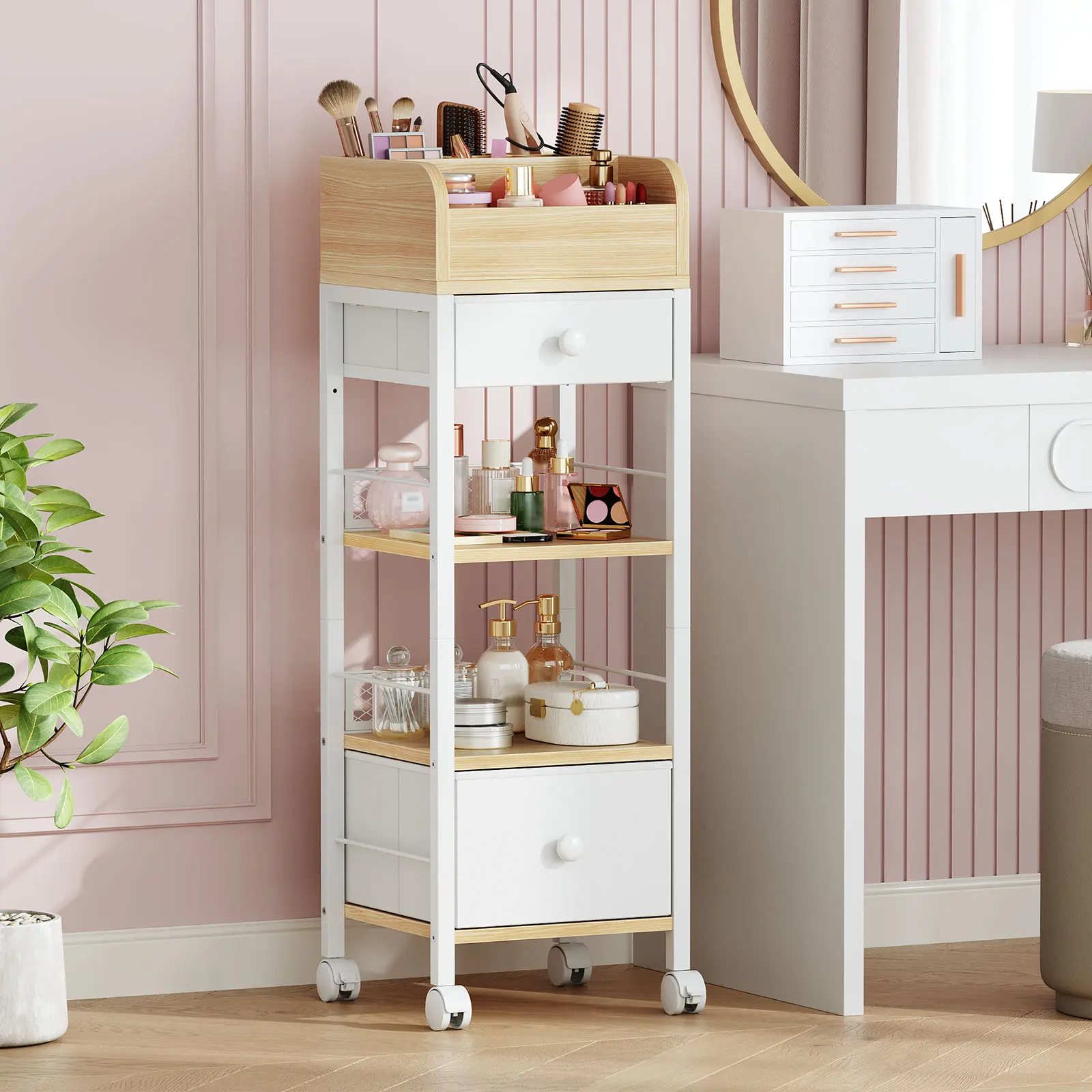 HOOBRO Makeup Organizer Cart with Fabric Drawers, Mobile Makeup Storage with Swivel Casters and Leveling Feet, Cosmetics Display Holder for Bathroom and Bedroom Vanity, White and Natural