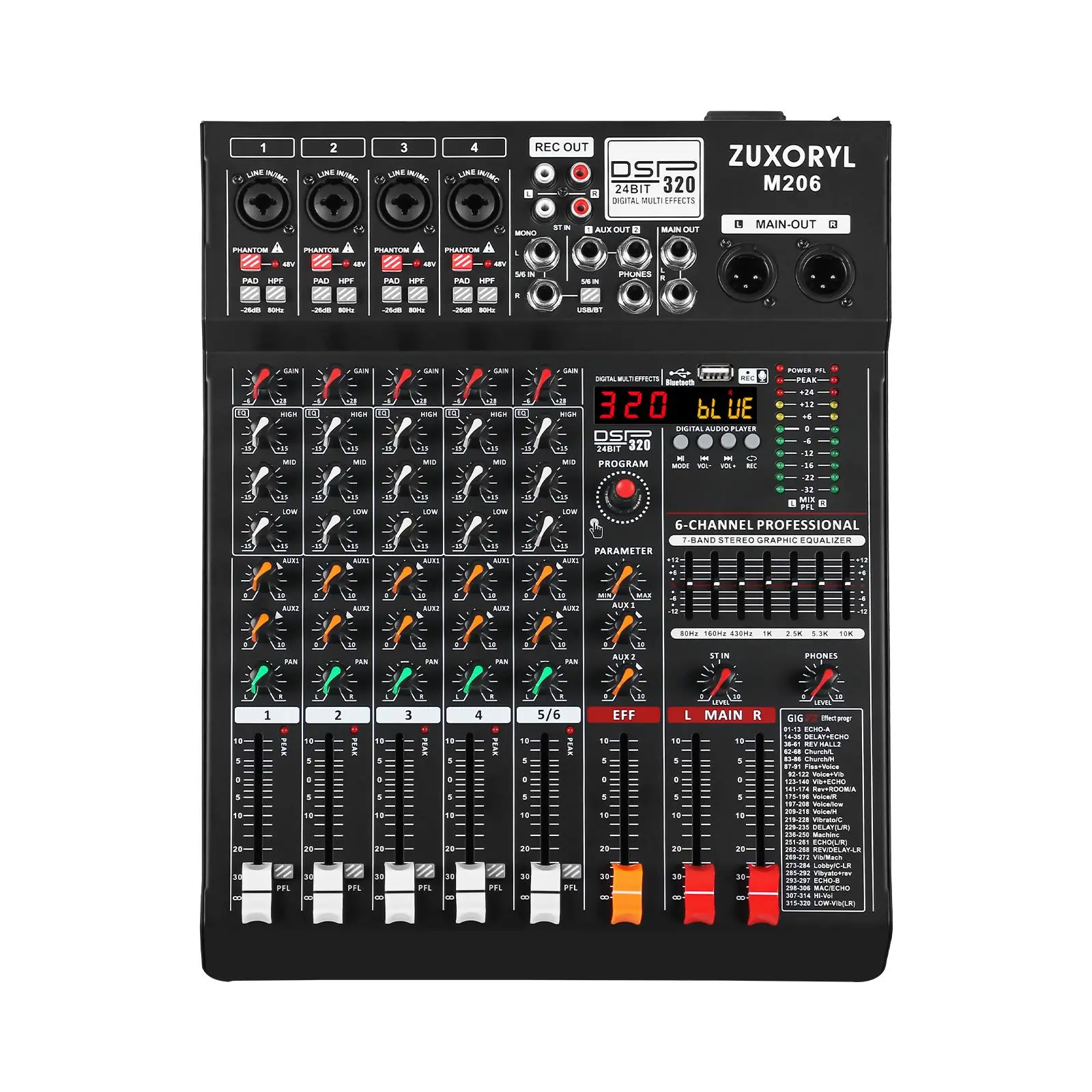 6/8 Channel Audio Mixer- 320 DSP Effects, 7-Band EQ, USB, Bluetooth, MP3, 48V Phantom Power, Smartphone Compatibility - DJ Console for Recording Studio, Live Streaming