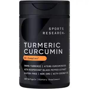 Sports Research® Turmeric Curcumin C3 Complex® w/ BioPerine Black Pepper Extract & Organic Coconut Oil - Standardized 95% Curcuminoids · Non-GMO · Gluten Free - 120 Count Softgels