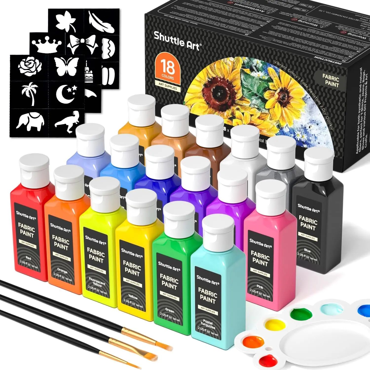 Shuttle Art Fabric Paint, 18/30 Colors Permanent Soft Fabric Paint in Bottles (60/250ml) with Brushes, Palette, Stencils, Non-Toxic Textile Paint for T-shirts, Shoes, Jeans, Bags, DIY Projects&Art Crafts,back to school,back to school haul