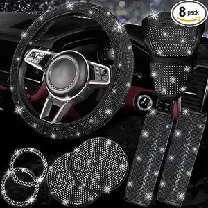 8pcs Bling Diamond  Accessories Set for Women Sparkly Rhinestone Steering  Cover Seat Belt Cushion Shift Knob Cover Push Start Button Ring Cup Holder Coaster Multicolor, Vehicle Decor, Auto Styling, Stylish Covers wheel tray tiktokshopspringglowup stuff