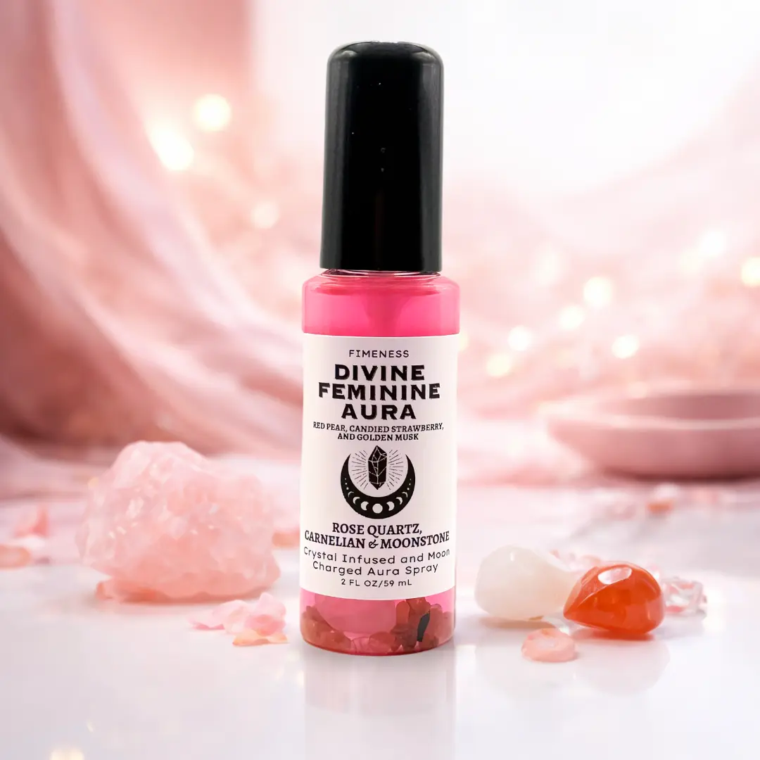 FIMENESS - DIVINE FEMININE AURA - CRYSTAL INFUSED AND MOON CHARGED ROOM SPRAY 2OZ PEAR, STRAWBERRY AND GOLDEN MUSK SCENT