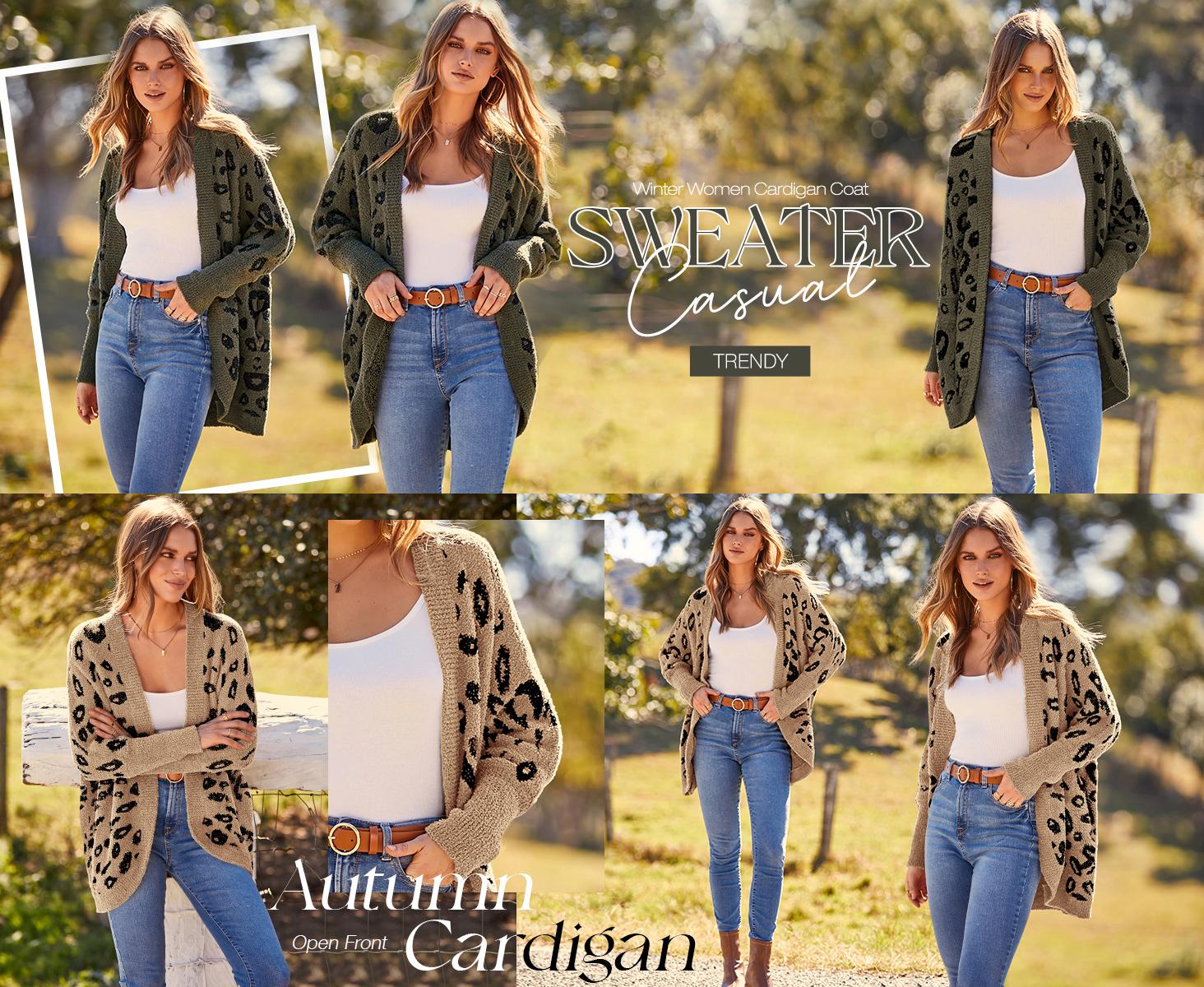 BTFBM Women's Leopard Print Long Sleeve Sweater Cardigan Loose Knit Open Front Fall Winter Outwear Coats