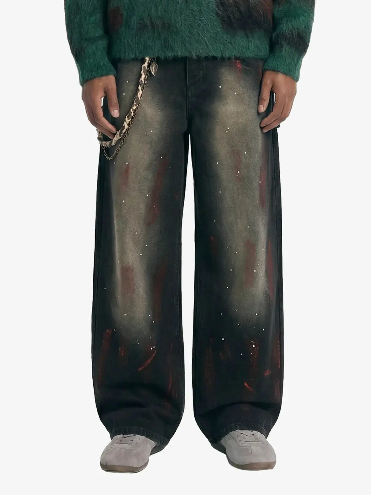 Thesupermade Men's Vintage Inkjet, Dirty Dye Washed, Scimitar, Distressed Denim Pants - Menswear, Casual Streetwear Bottoms