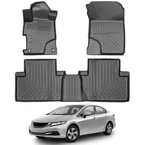 Canvcle 2012-2015 Honda Civic All-Weather Rubber Floor Liners 3PCS Front & Rear Row Full Set Waterproof TPE Black Car Mats