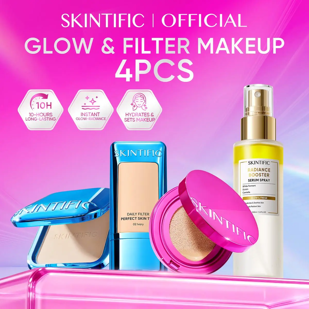 SKINTIFIC Daily Filter Kit 4PCS - Cushion + Skin Tint + Spray + TWC Powder - 16H Pore-Blurring, Instant Glow & Skincare-Infused | Peptide Makeup, Velvet Matte, Acne Friendly, Clean Beauty