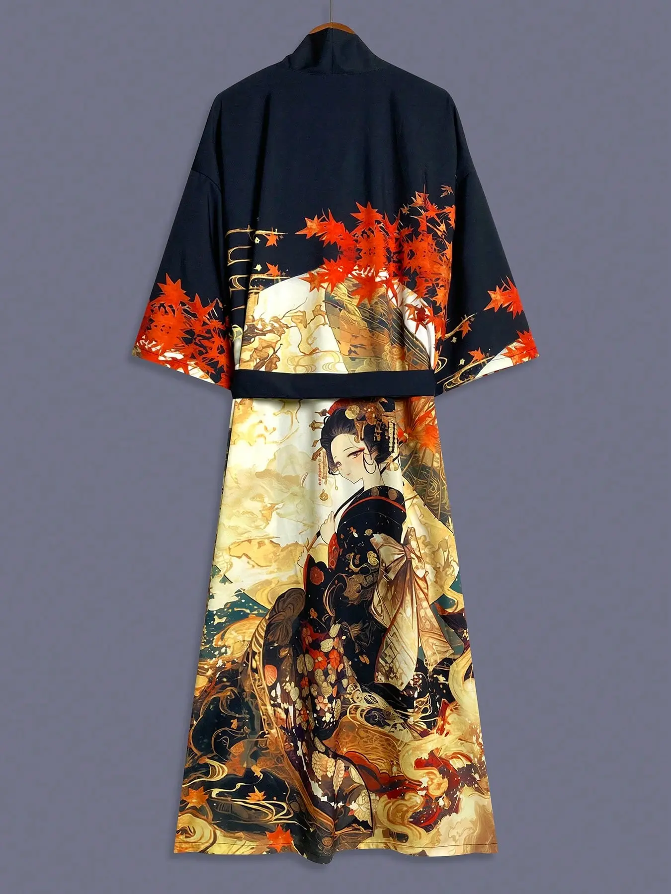 Traditional Ethnic Style Japanese Beauty Print Kimono Long Sleeve Lightweight Thin Robe, Women's Elegant Chic Casual Outerwear, Beach Vacation Bathrobe with Belt, Lady, Womenswear