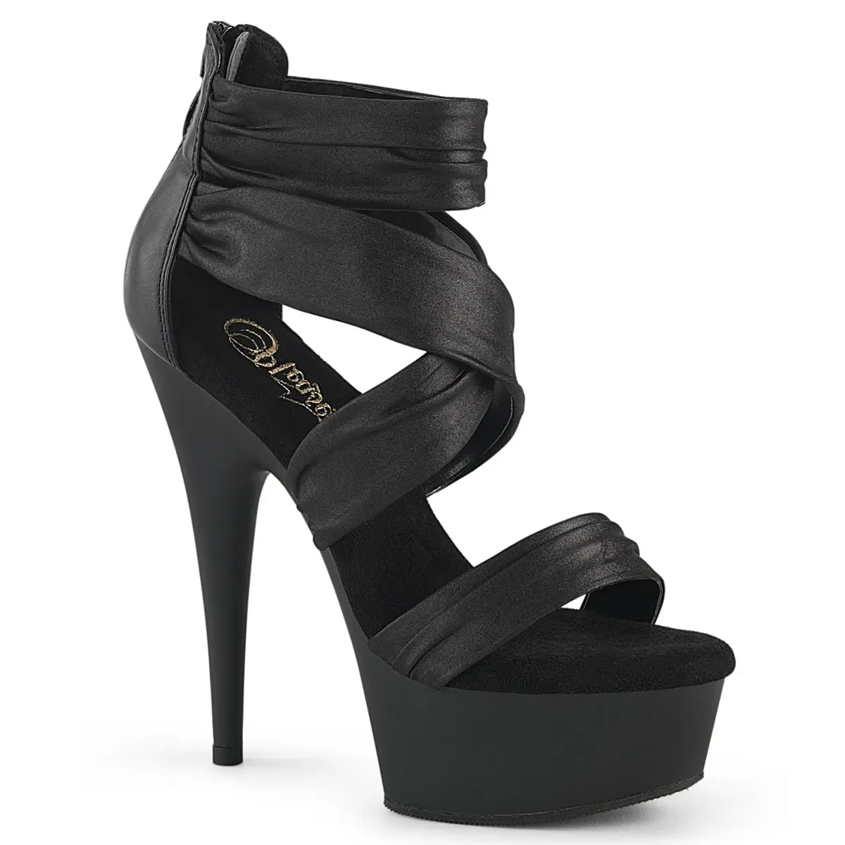 Pleaser Delight-620 Women's Elegant Platform Heels in Black Vegan Leather, 6" Heel with Ruched Ankle Strap and Back Zip, High Heel