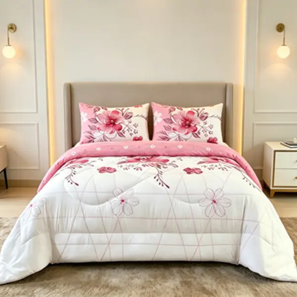 Queen Comforter Set - Queen Size Breathable Microfiber Bedding Set, 2/3Pcs Lightweight Comforter with 1/2 Pillowcases, Watercolor Art Floral Grid Botanical Print, All-Season Use, Pink, Bedroom Decor, Set Includes