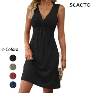 Scacto Women's Casual Vibrant Solid Color Twist Front Knit Dress - Elegant V-Neck Sleeveless Polyester Fabric Dress - Customized Summer Wear With Micro Elasticity, No Printing, Black