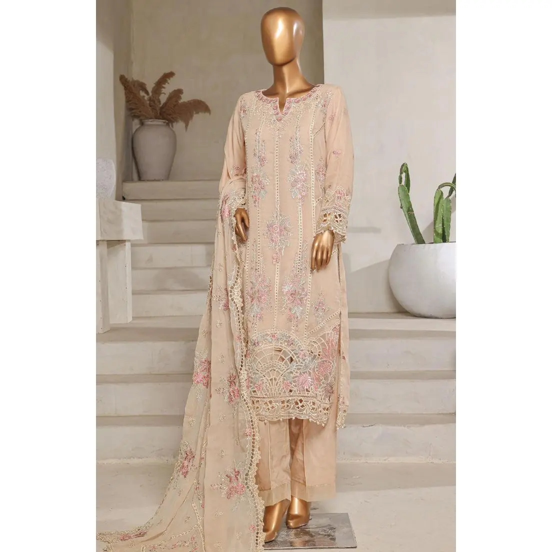 Afsanay by Sadabahar Embroidered Chiffon Stitched 3 Piece Suit Beige - Luxury Collection