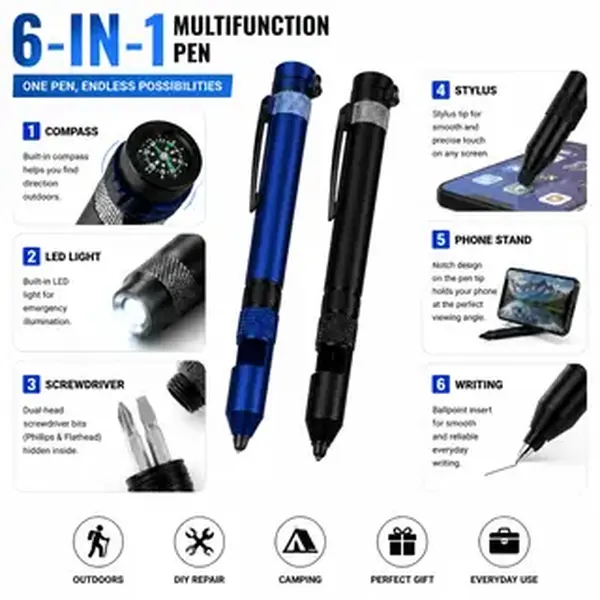 6-in-1 Portable Tactical Pen: LED Light, Compass, Phillips Screwdriver, Stylus, Phone Stand, Ballpoint Pen. Durable EDC Tool for Camping, Hiking, Office & Home Use, Great Outdoor Gift (Blue-Black)