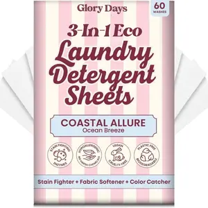 Glory Days 3-in-1 Eco Laundry Detergent Sheets Cleans Softens Brightens Protects Colors Hypoallergenic Plastic-Free 60 Sheets Violet Hour & Ocean Breeze Scents - Washdetergent