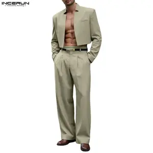 INCERUN Men's Spring Summer [Coquette/Runway] [Suit/Blazer Set] Super Cropped Jacket High Waist Pleated Pants Sexy
