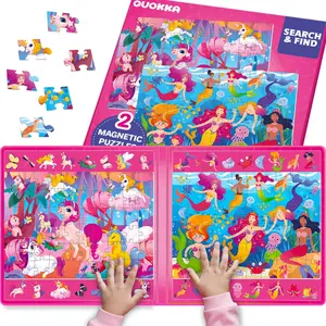 QUOKKA Magnetic Puzzle Set 2-Pack, 60-Piece Kids' Search & Find Puzzles - Travel-Friendly Board, Hidden Objects, Mermaid & Unicorn Scenes