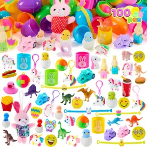 100 Pcs Prefilled Easter Eggs with Toys Plus Stickers, Filled with Toys Party Favors for Kids Boys Girls Easter Eggs Hunt, Basket Stuffers Fillers, Classroom Prize Supplies