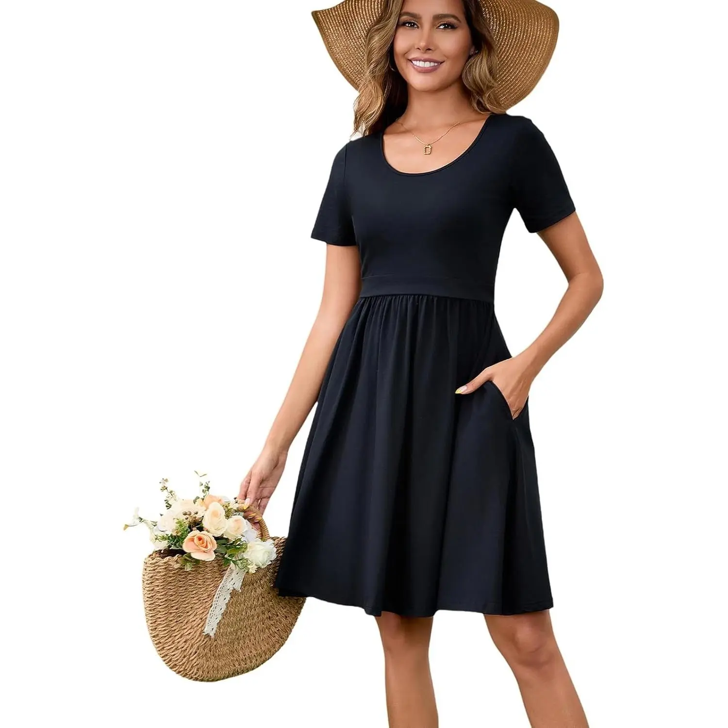 Women's Summer Comfortable Cotton Short Sleeve Nursing Breastfeeding Dress with Pockets