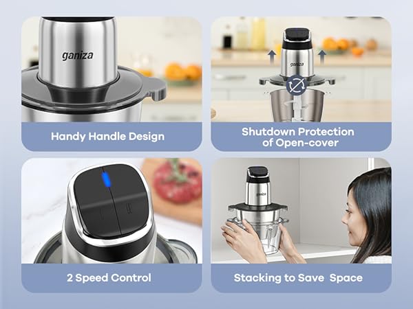 Ganiza Food Processor with 8 Cup Glass Bowls & 8 Cup Stainless Steel 2-Speed Food Chopper Meat Grinder  Upgraded Button & Smart Overheat Protection Light - Includes Clean Brush 2 Sets of Blades Kitchen Vegetable Slicer Vegetable Cutter Kitchen Appliances