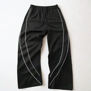 Side-striped curved-hem wide-leg sweatpants with a drawstring elastic waistband, drapey floor-length design